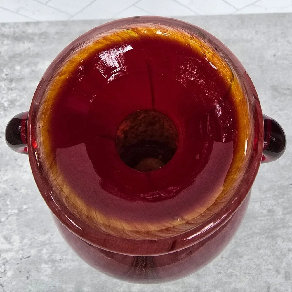 Hand Blown Double Handle Amphora Art Glass Vase Red Gold Green Aventurine 10in